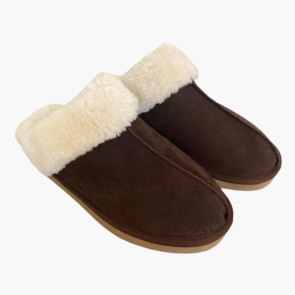 White Mountain Brown Suede Clog Slippers Women 9 Faux Shearling Fur Mules Cozy